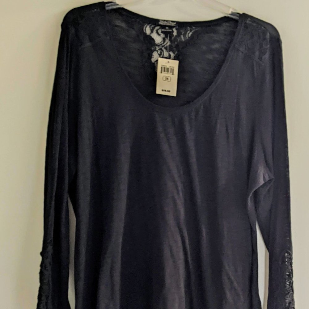 NWT Lucky Brand 3x    Black Long Sleeve Shirt with Lace detail